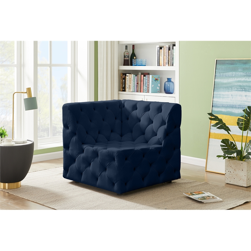 Bowery Hill Contemporary Deep Button Tufted Soft Navy Velvet Corner Chair