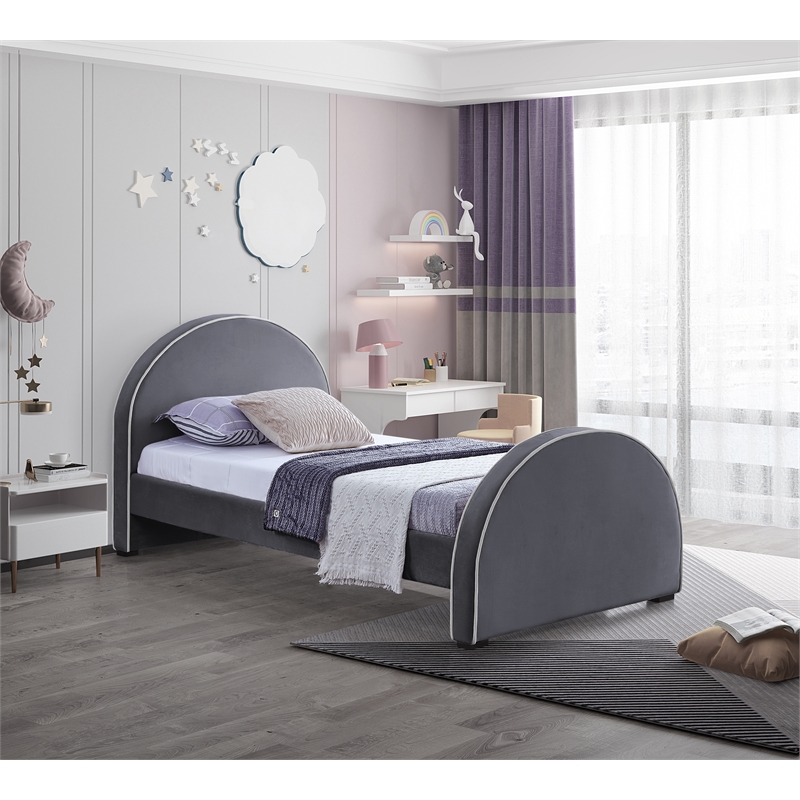 Bowery Hill Contemporary Grey Velvet Twin Bed with Dark Espresso Wood Legs