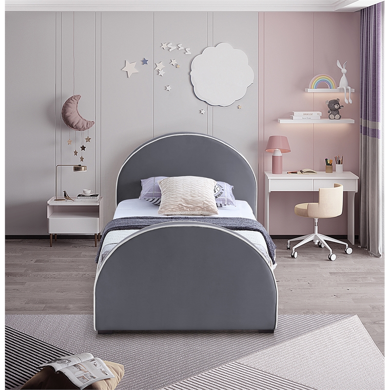 Bowery Hill Contemporary Grey Velvet Twin Bed with Dark Espresso Wood Legs
