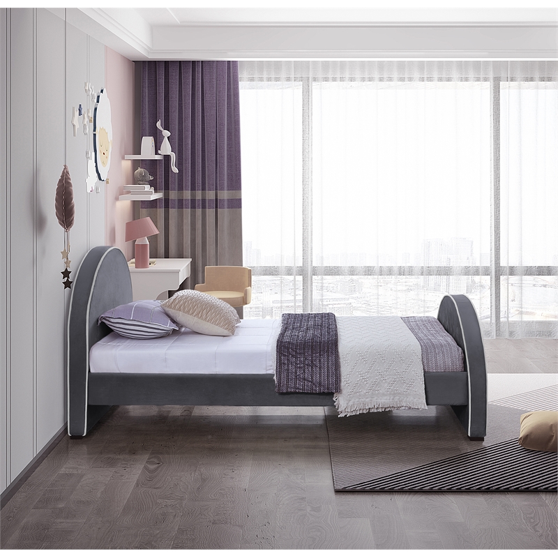 Bowery Hill Contemporary Grey Velvet Twin Bed with Dark Espresso Wood Legs