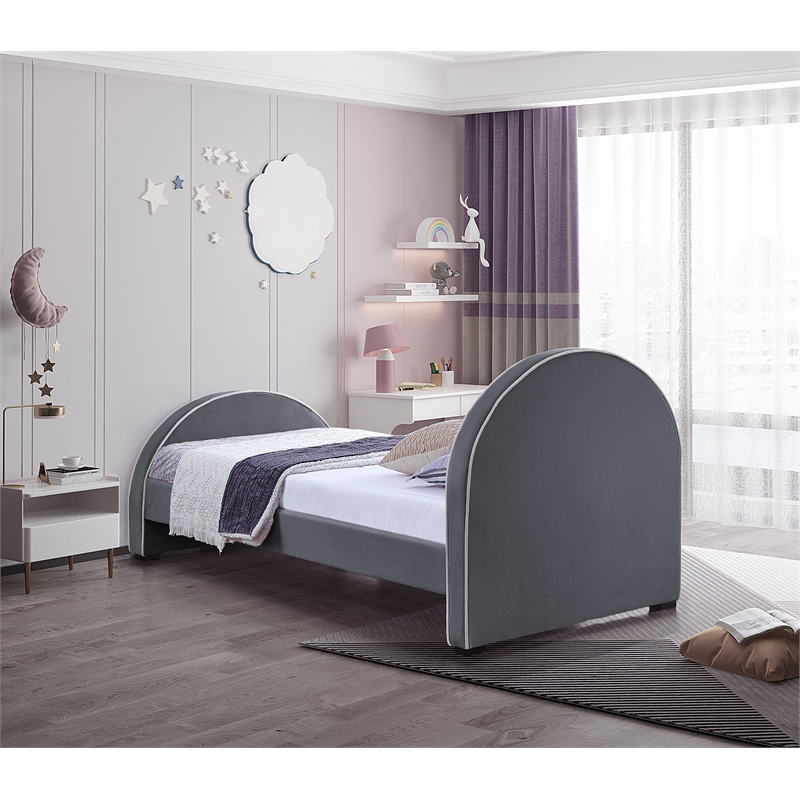 Bowery Hill Contemporary Grey Velvet Twin Bed with Dark Espresso Wood Legs