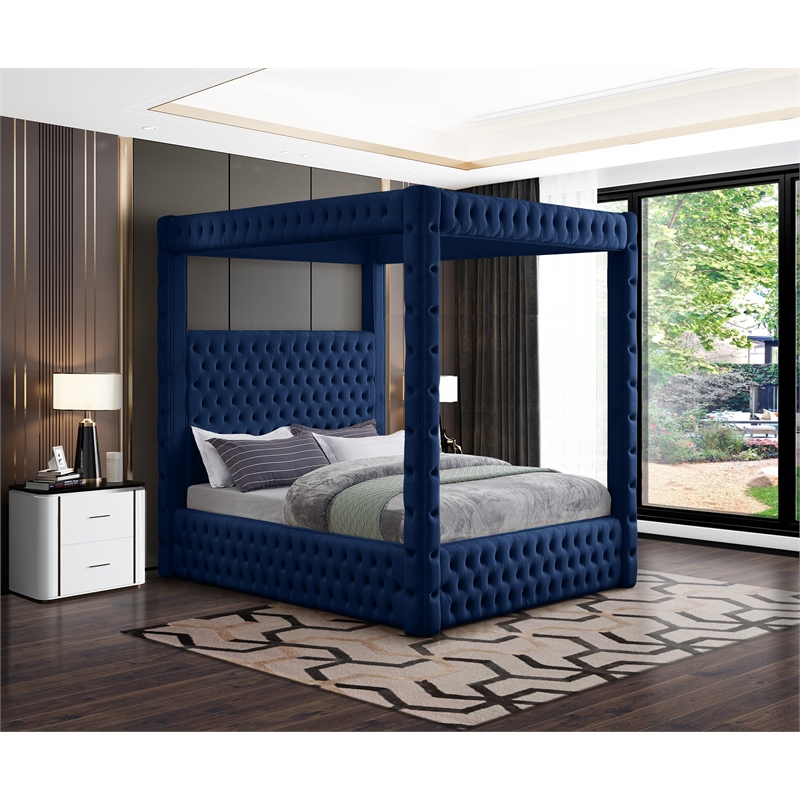 Bowery Hill Contemporary Deep Button Tufted Soft Navy Velvet Queen Bed