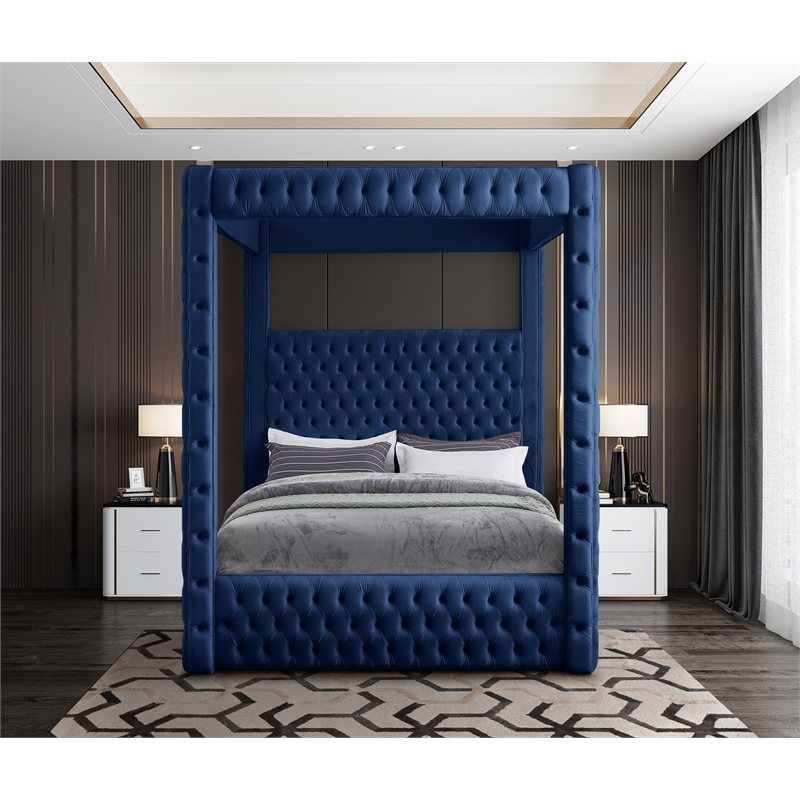 Bowery Hill Contemporary Deep Button Tufted Soft Navy Velvet Queen Bed