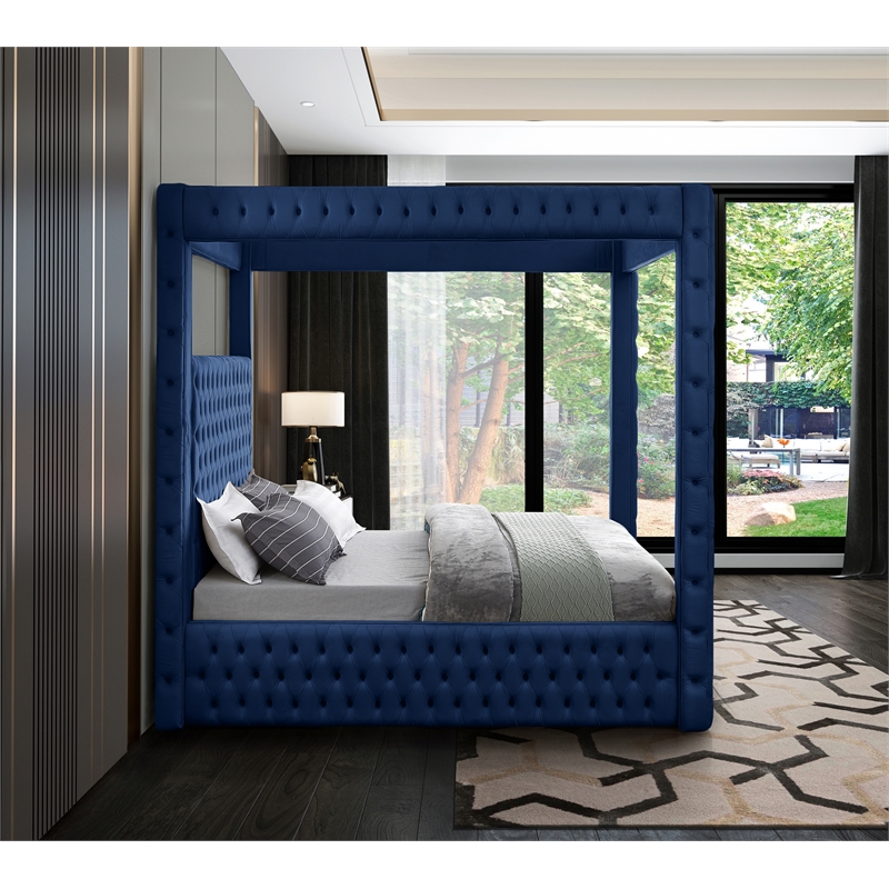Bowery Hill Contemporary Deep Button Tufted Soft Navy Velvet Queen Bed