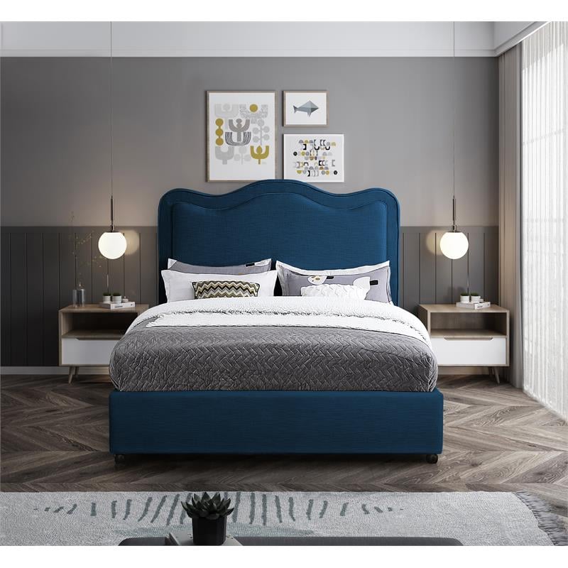 Bowery Hill Contemporary Navy Linen Textured Fabric Queen Bed