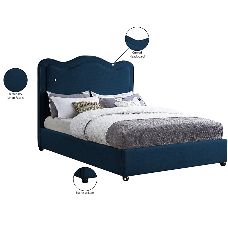 Bowery Hill Contemporary Navy Linen Textured Fabric Queen Bed