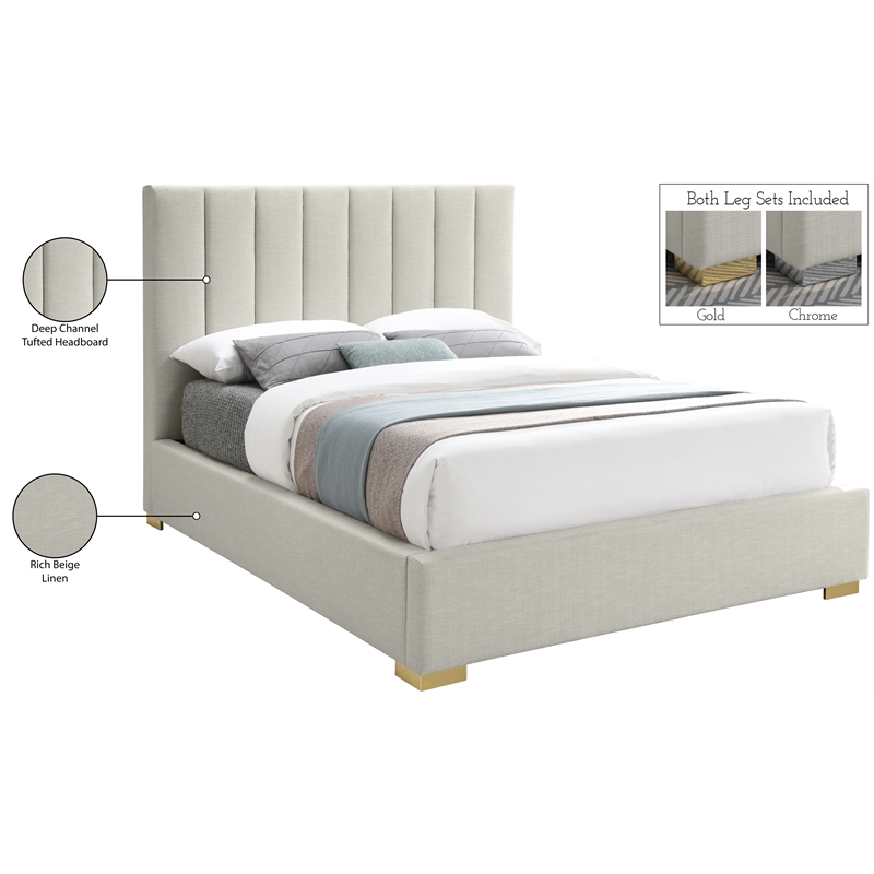 Bowery Hill Contemporary Beige Linen Textured Fabric Queen Bed