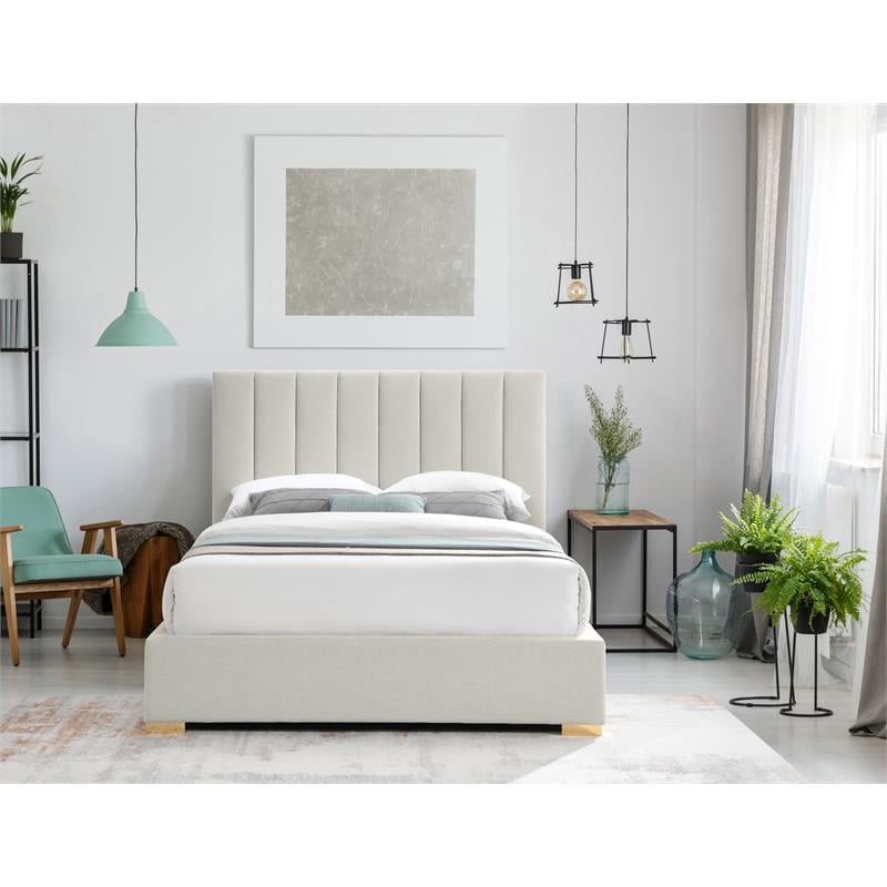 Bowery Hill Contemporary Beige Linen Textured Fabric Queen Bed