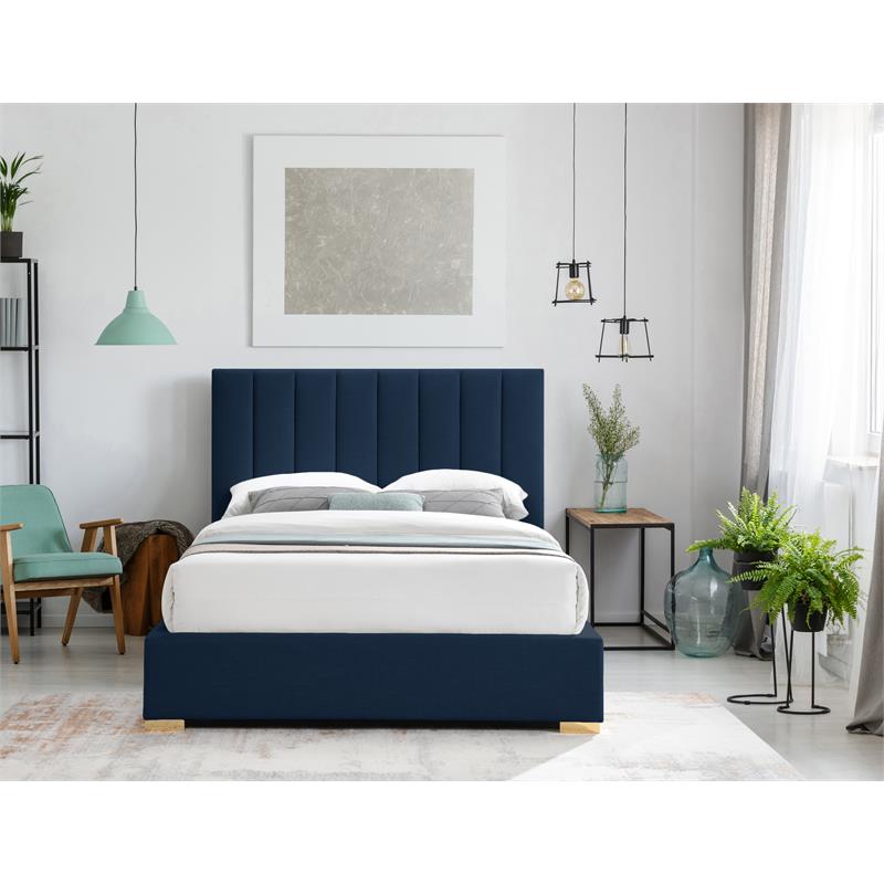 Bowery Hill Contemporary Navy Linen Textured Fabric Queen Bed
