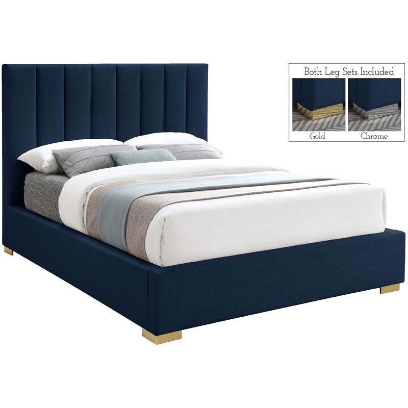 Bowery Hill Contemporary Navy Linen Textured Fabric Queen Bed