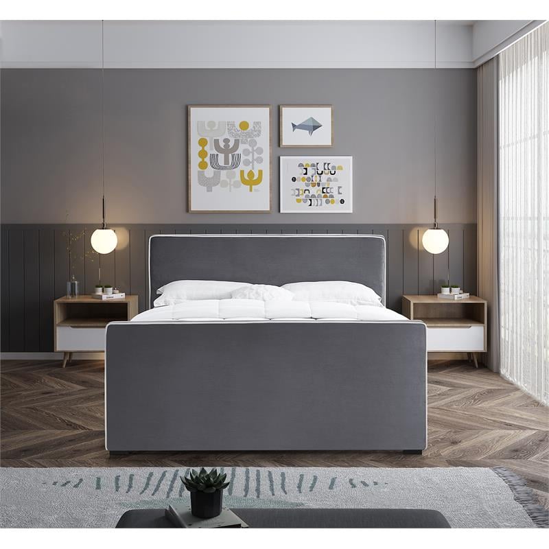 Bowery Hill Contemporary Grey Velvet King Bed with Dark Espresso Wood Legs