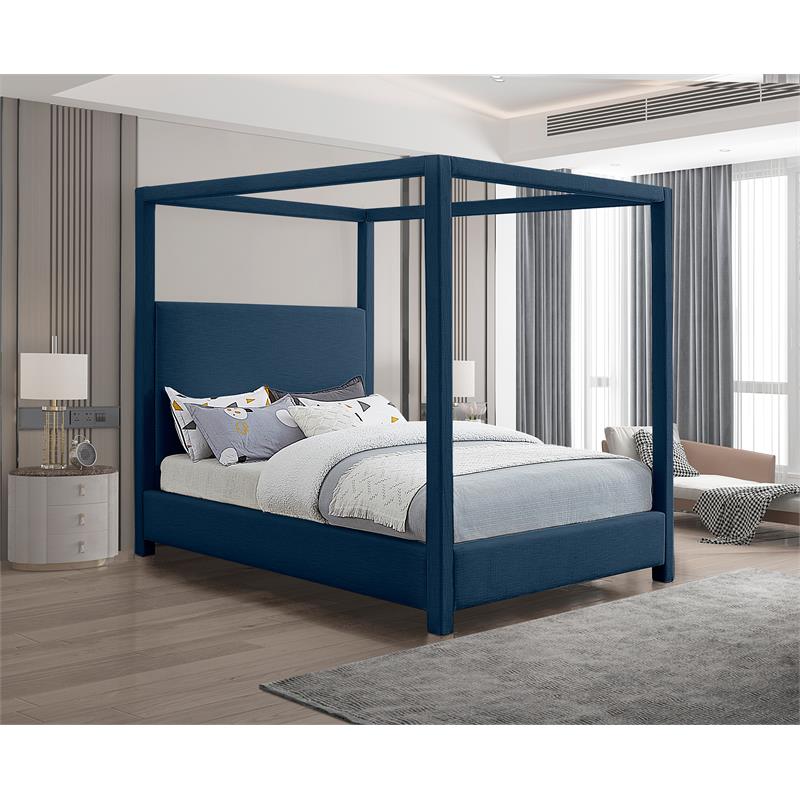 Bowery Hill Contemporary Navy Linen Textured Fabric Queen Bed