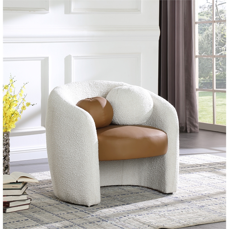 Bowery Hill Contemporary Cream Boucle / Cognac Vegan Leather Accent Chair