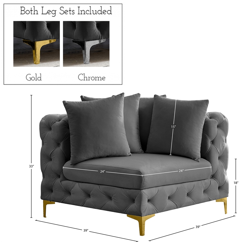 Bowery Hill Contemporary Deep Button Tufted Soft Grey Velvet Corner Chair