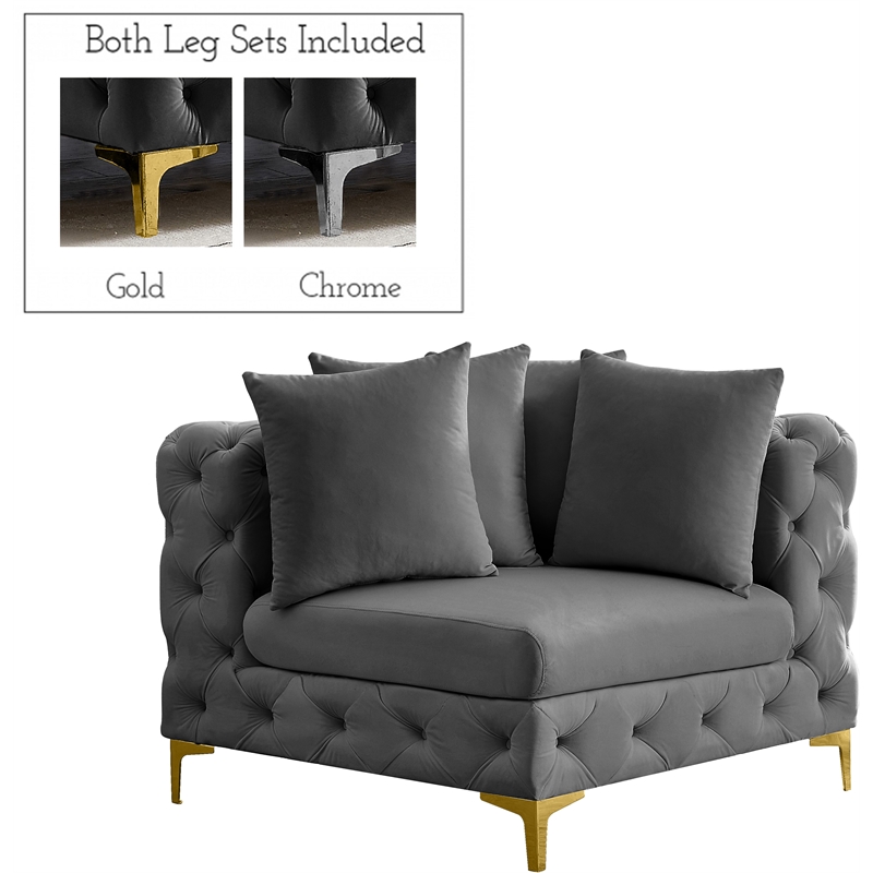 Bowery Hill Contemporary Deep Button Tufted Soft Grey Velvet Corner Chair