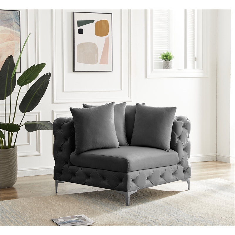 Bowery Hill Contemporary Deep Button Tufted Soft Grey Velvet Corner Chair