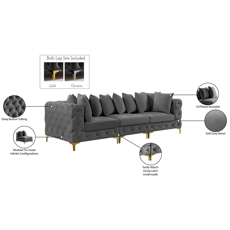Bowery Hill Contemporary Deep Button Tufted Soft Grey Velvet Modular Sofa