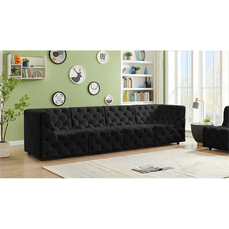 Bowery Hill Contemporary Deep Button Tufted Soft Black Velvet Modular Sofa