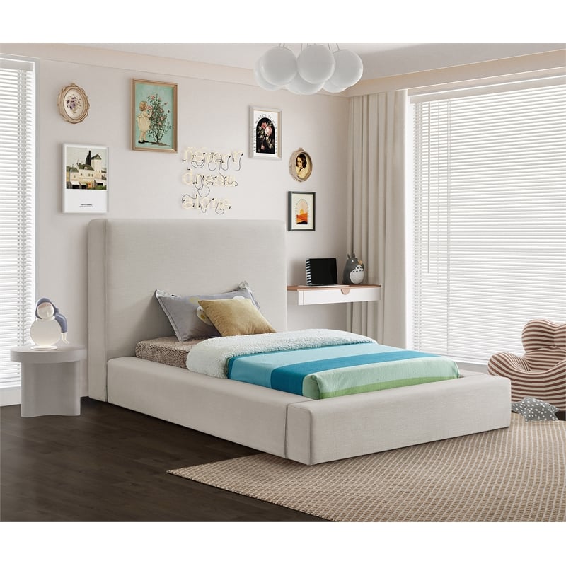 Bowery Hill Contemporary Beige Linen Textured Fabric Twin Bed