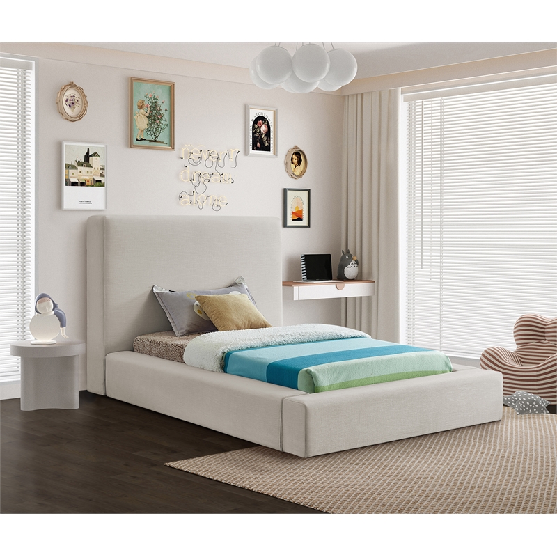 Bowery Hill Contemporary Beige Linen Textured Fabric Twin Bed