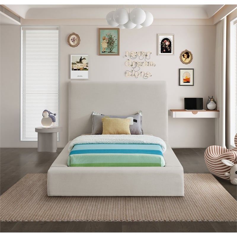 Bowery Hill Contemporary Beige Linen Textured Fabric Twin Bed