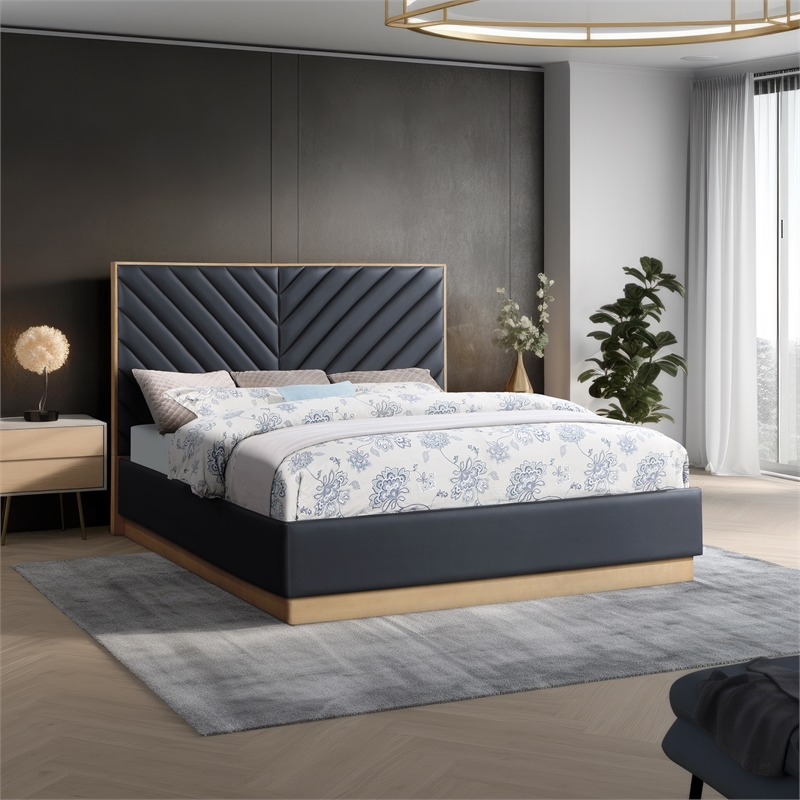 Bowery Hill Contemporary Deep Channel Tufted Soft Black Vegan Leather Queen Bed