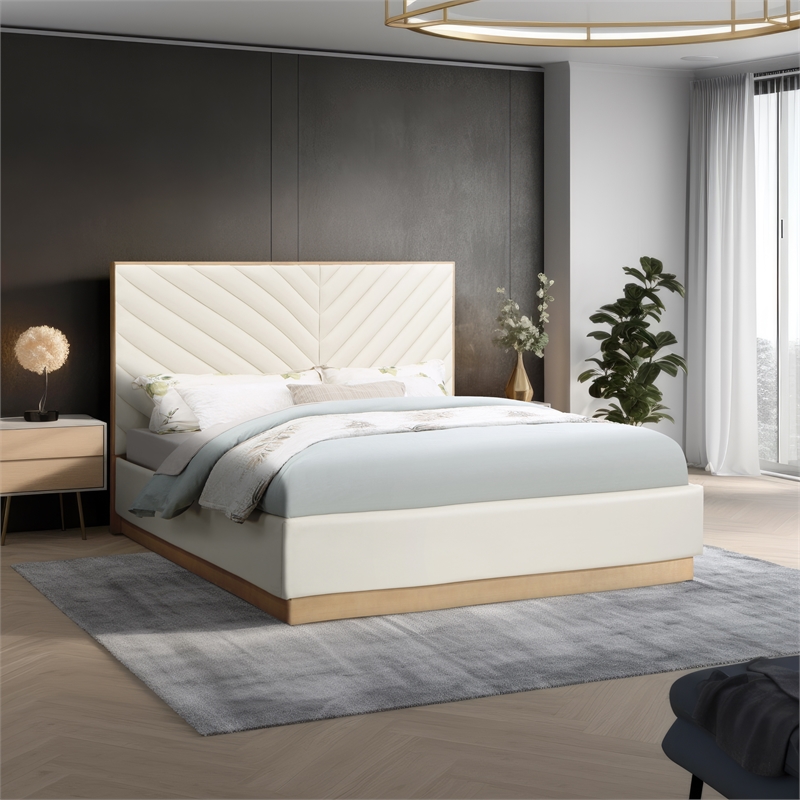 Bowery Hill Contemporary Deep Channel Tufted Soft Cream Vegan Leather King Bed