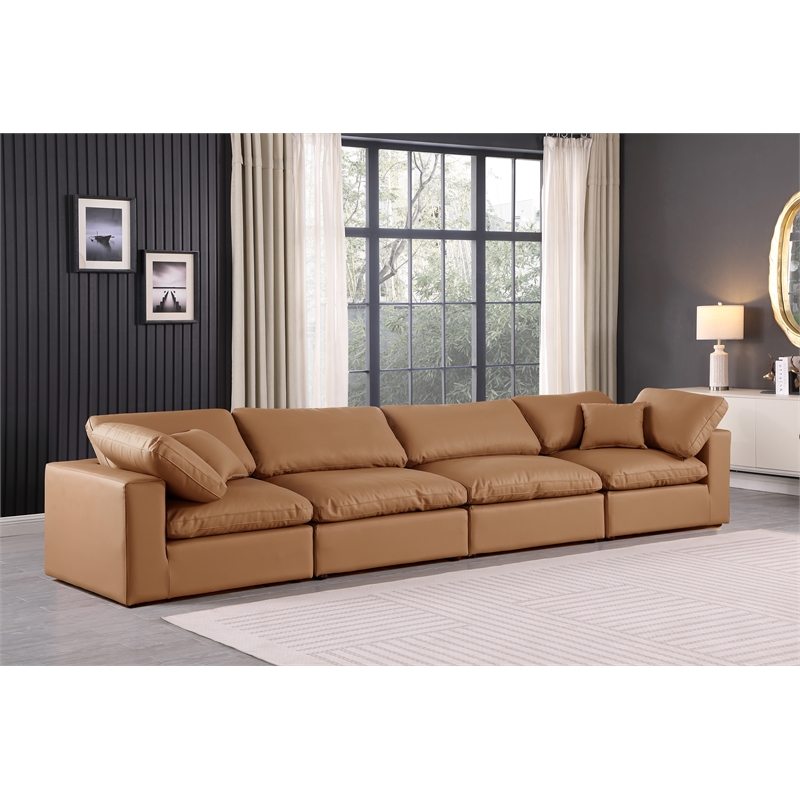 Bowery Hill Contemporary Cognac Vegan Leather 4-Piece Modular Sofa