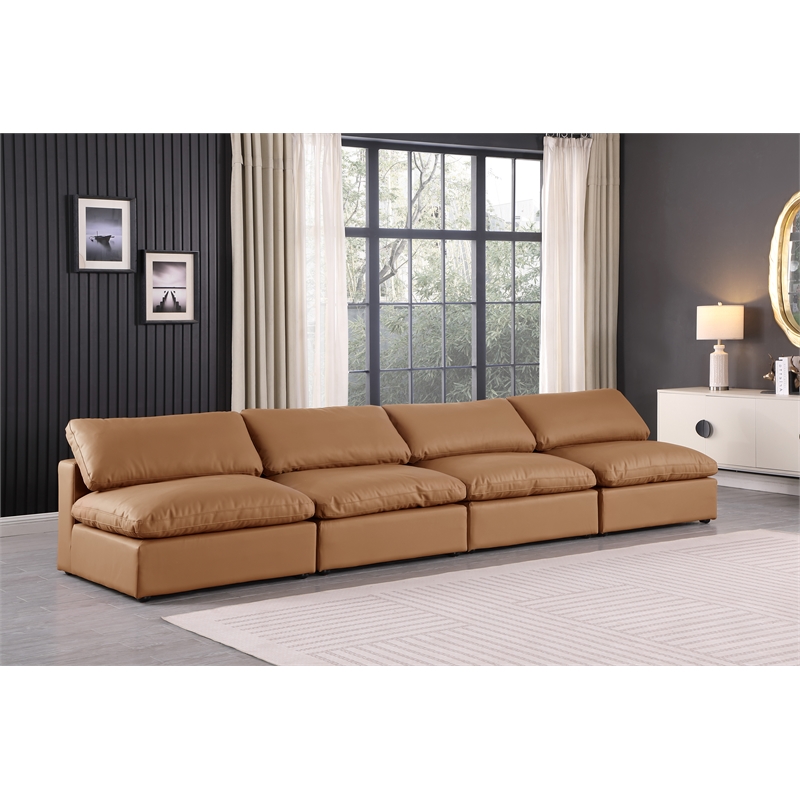 Bowery Hill Contemporary Cognac Vegan Leather 4-Piece Modular Sofa