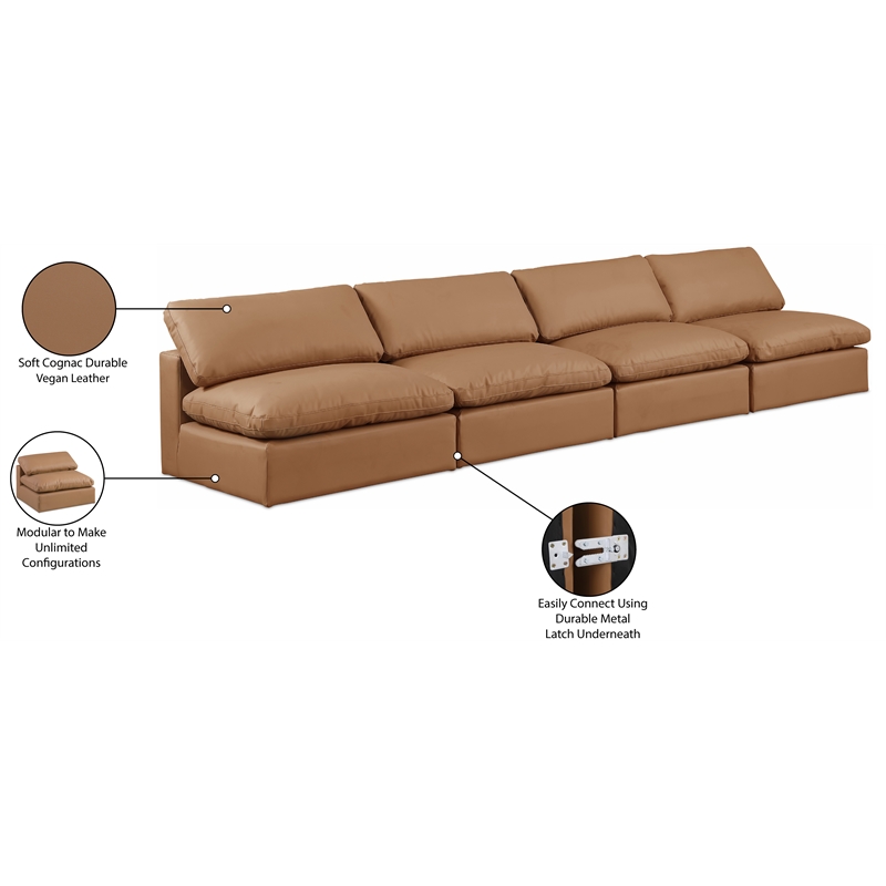Bowery Hill Contemporary Cognac Vegan Leather 4-Piece Modular Sofa