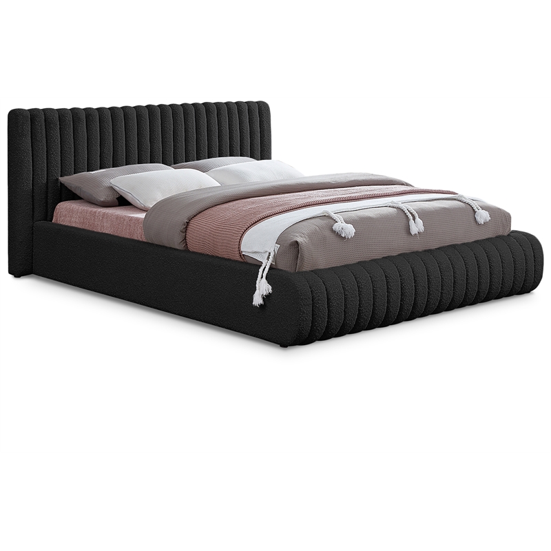 Bowery Hill Contemporary Deep Channel Tufted Rich Black Boucle Fabric King Bed