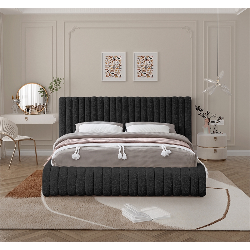 Bowery Hill Contemporary Deep Channel Tufted Rich Black Boucle Fabric King Bed