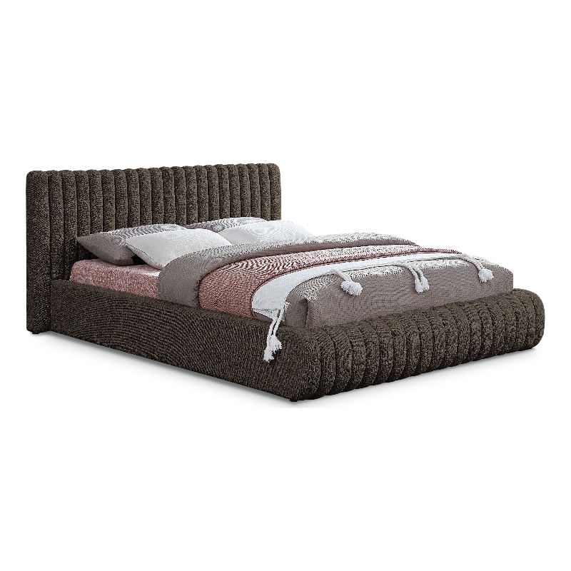 Bowery Hill Contemporary Deep Channel Tufted Rich Brown Boucle Fabric Queen Bed