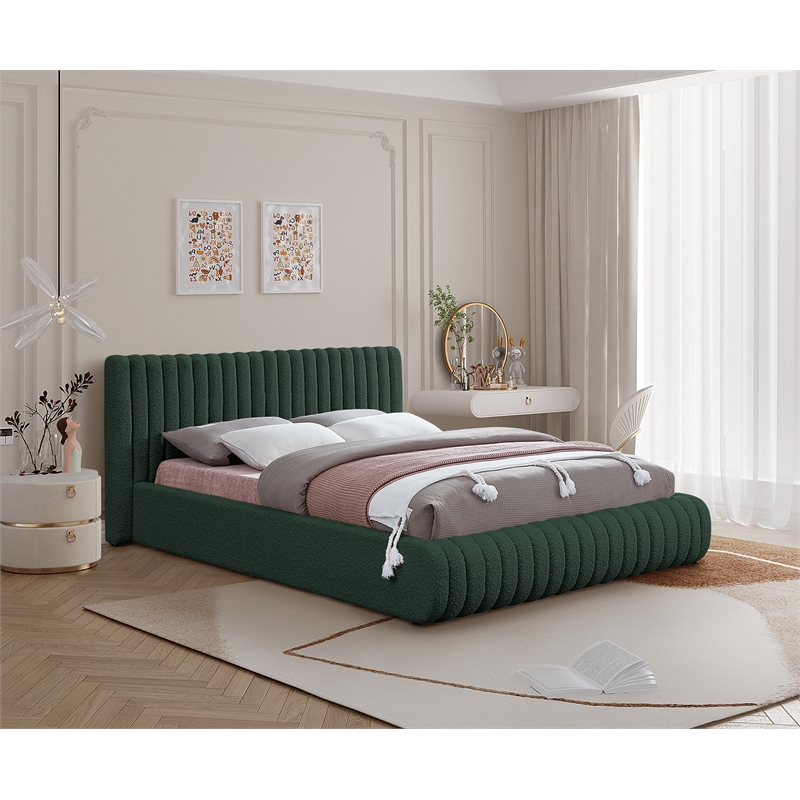 Bowery Hill Contemporary Deep Channel Tufted Rich Green Boucle Fabric Full Bed