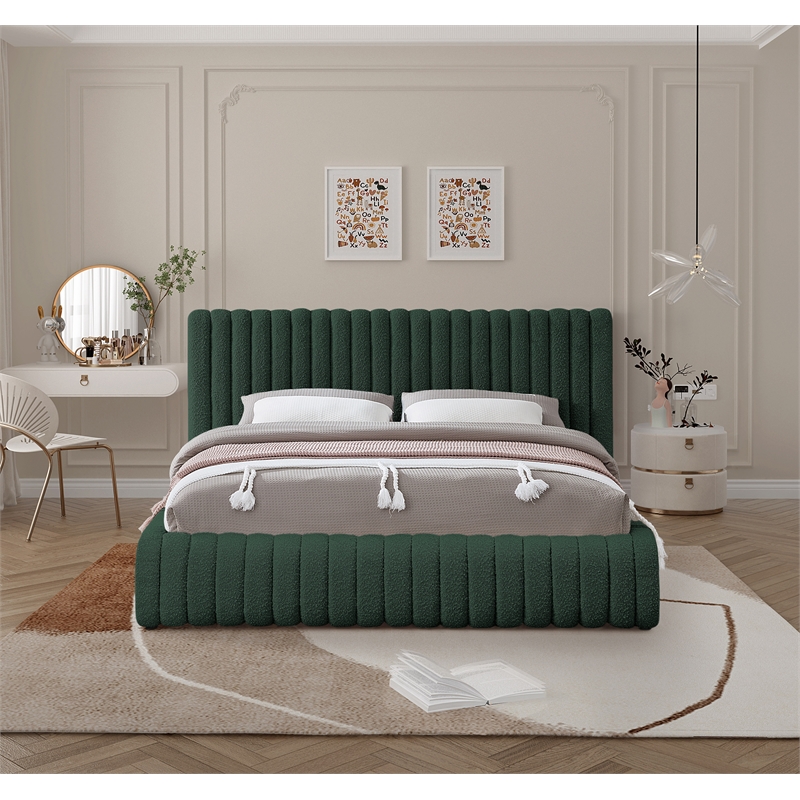Bowery Hill Contemporary Deep Channel Tufted Rich Green Boucle Fabric Full Bed
