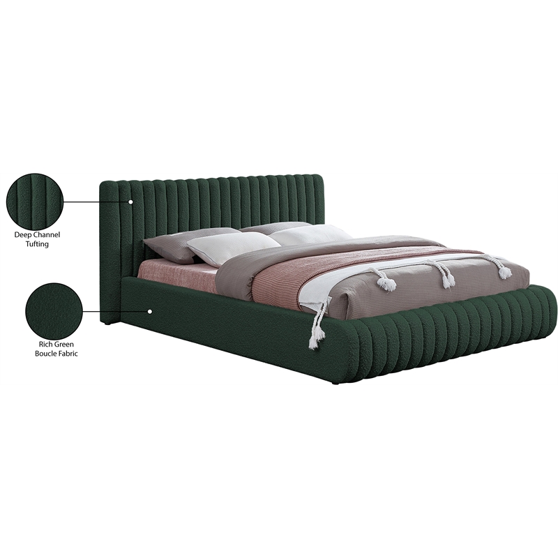 Bowery Hill Contemporary Deep Channel Tufted Rich Green Boucle Fabric Full Bed