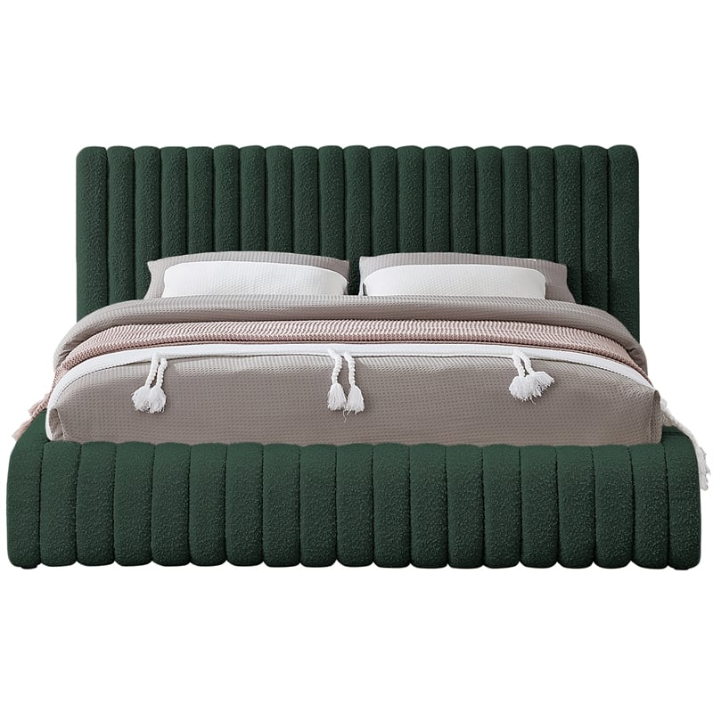 Bowery Hill Contemporary Deep Channel Tufted Rich Green Boucle Fabric Queen Bed