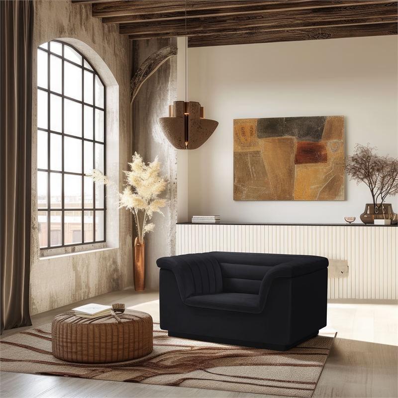 Bowery Hill Contemporary Deep Channel Tufted Soft Black Velvet Fabric Chair