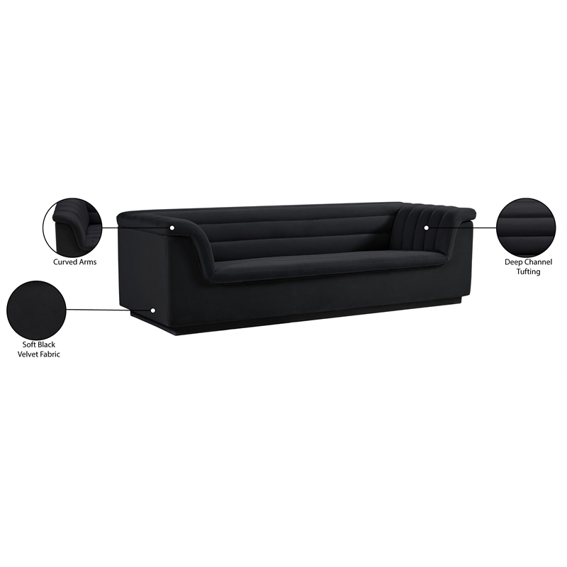 Bowery Hill Contemporary Deep Channel Tufted Soft Black Velvet Fabric Sofa