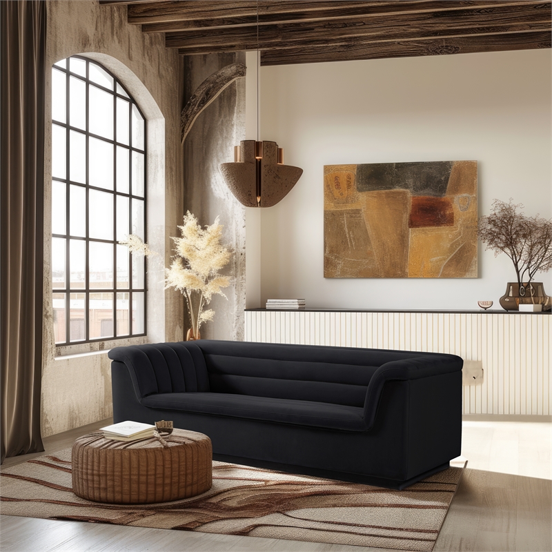 Bowery Hill Contemporary Deep Channel Tufted Soft Black Velvet Fabric Sofa