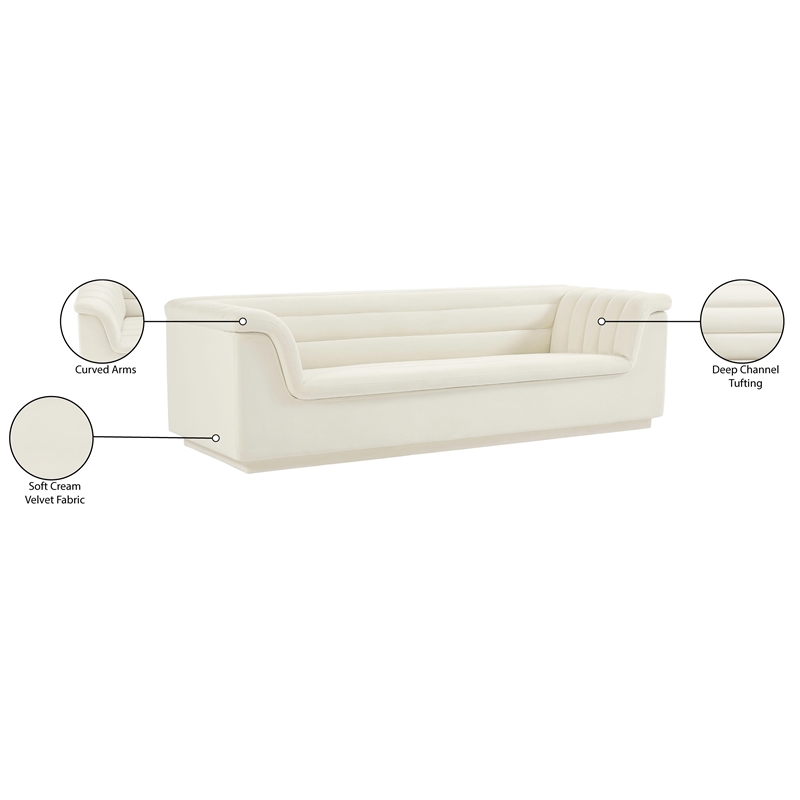 Bowery Hill Contemporary Deep Channel Tufted Soft Cream Velvet Fabric Sofa