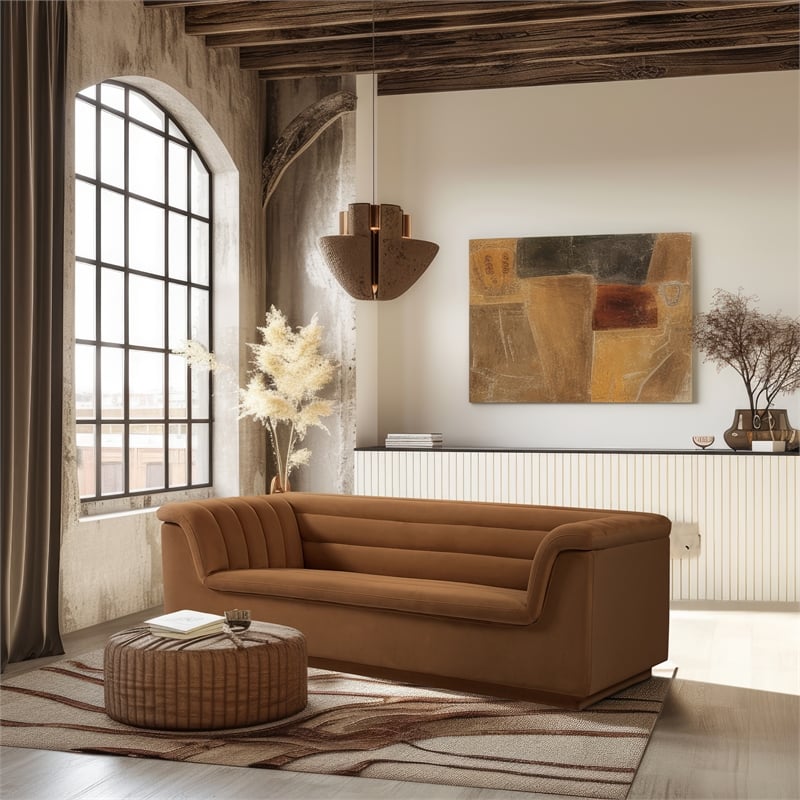 Bowery Hill Contemporary Deep Channel Tufted Soft Saddle Velvet Fabric Sofa