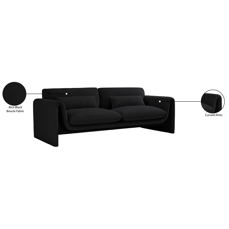 Bowery Hill Contemporary Rich Black Boucle Fabric Sofa with Curved Arms
