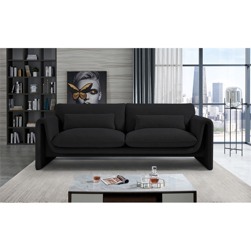 Bowery Hill Contemporary Rich Black Boucle Fabric Sofa with Curved Arms
