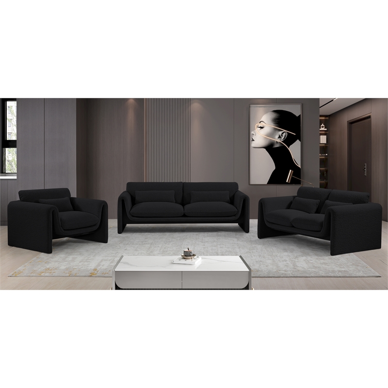 Bowery Hill Contemporary Rich Black Boucle Fabric Sofa with Curved Arms