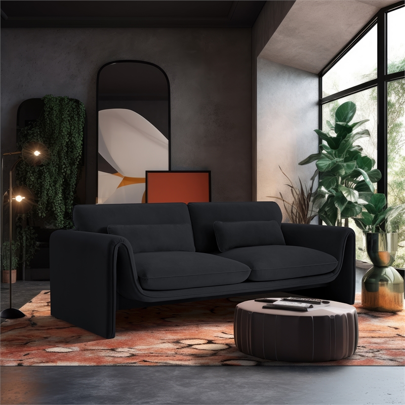 Bowery Hill Contemporary Soft Black Velvet Fabric Sofa with Curved Arms