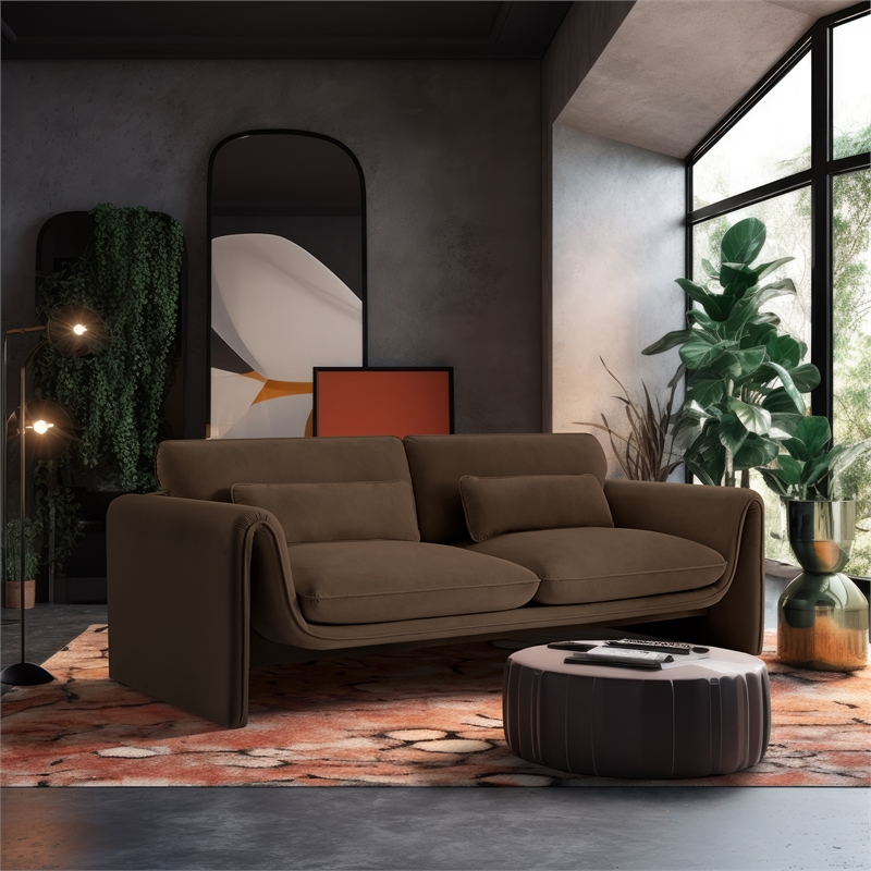 Bowery Hill Contemporary Soft Brown Velvet Fabric Sofa with Curved Arms