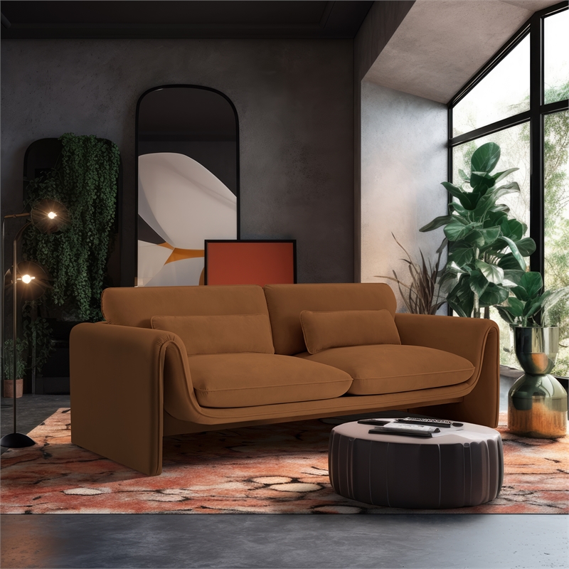Bowery Hill Contemporary Soft Saddle Velvet Fabric Sofa with Curved Arms