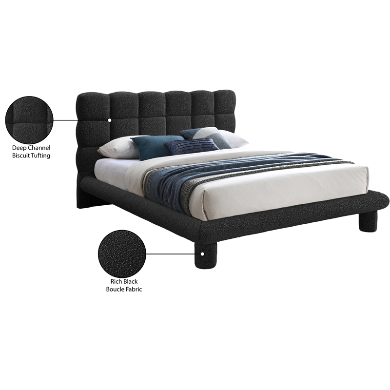 Bowery Hill Contemporary Deep Channel Tufted Black Boucle Fabric Full Bed