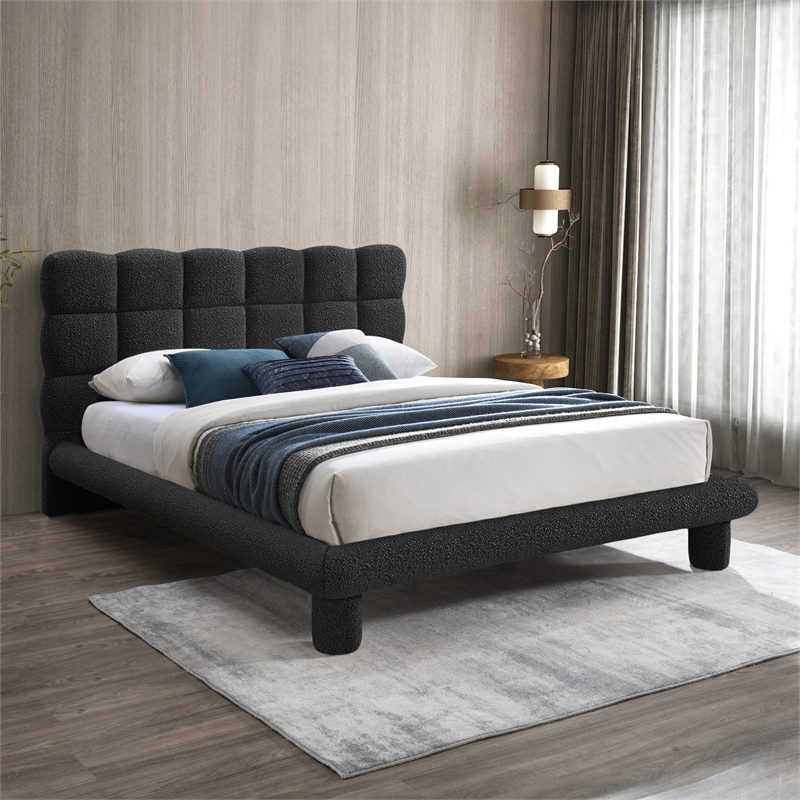 Bowery Hill Contemporary Deep Channel Tufted Black Boucle Fabric Full Bed